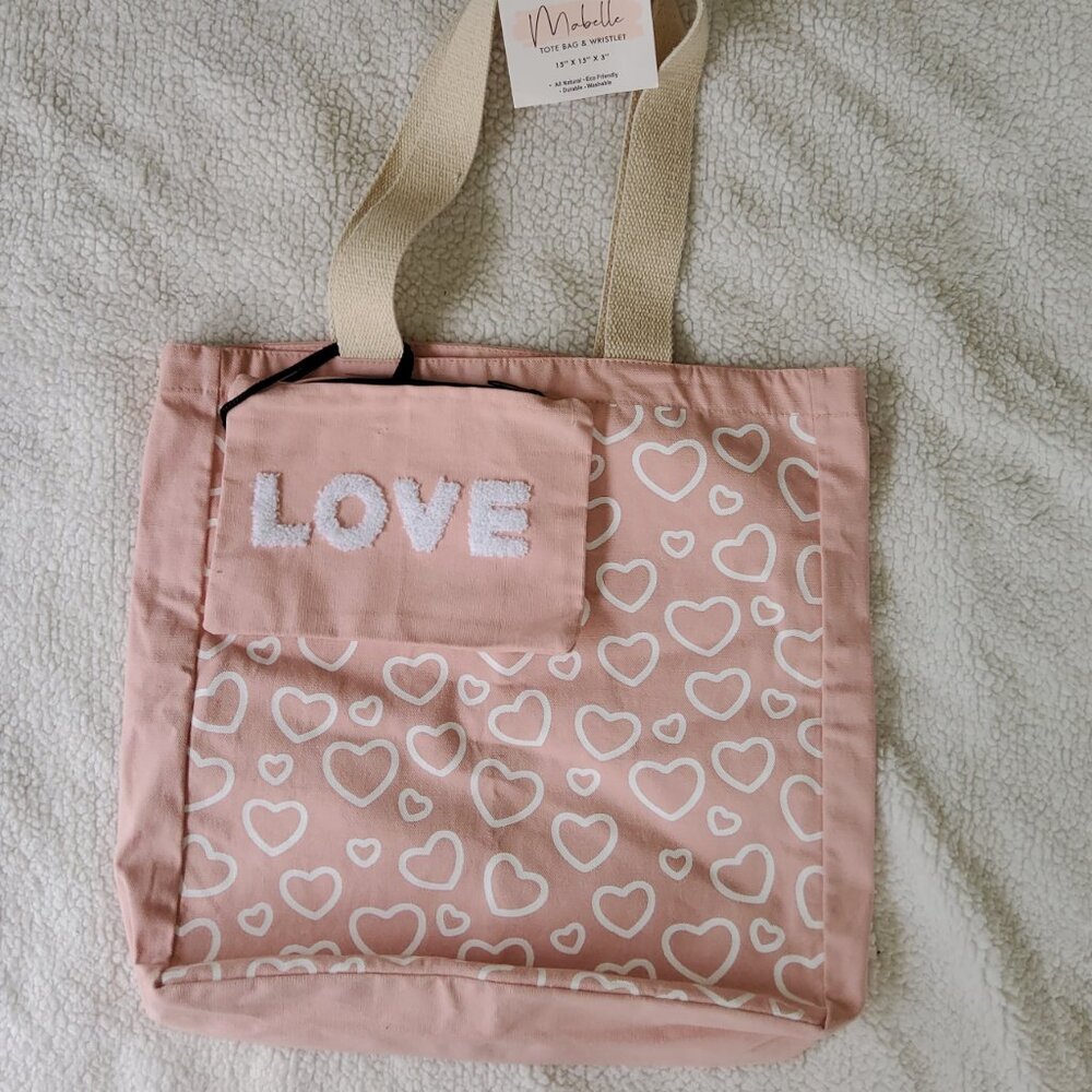 Pink Pastel Heart Print Canvas Tote Bag Set With Wristlet Cosmetic Pouch School